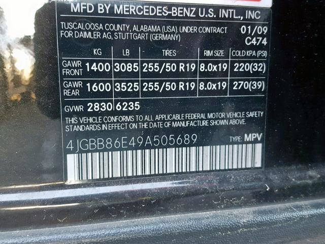 4JGBB86E49A505689 - 2009 MERCEDES-BENZ ML 350 BLACK photo 10