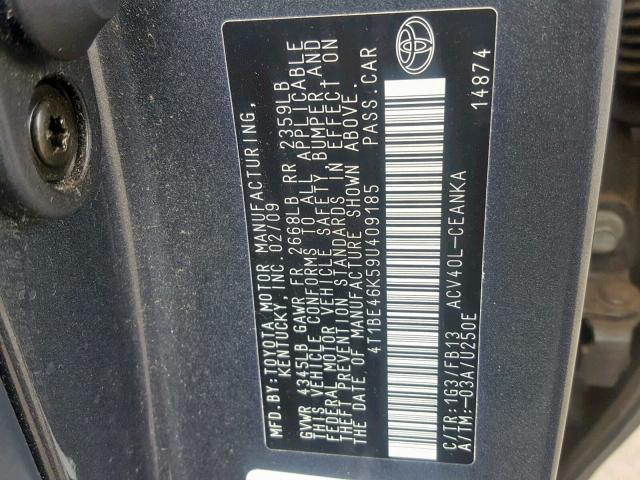4T1BE46K59U409185 - 2009 TOYOTA CAMRY BASE GRAY photo 10
