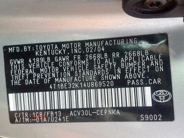 4T1BE32K14U869520 - 2004 TOYOTA CAMRY SILVER photo 10