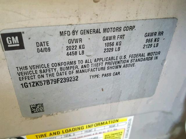 1G1ZK57B79F239232 - 2009 CHEVROLET MALIBU LTZ ბეჟი ფოტო 10