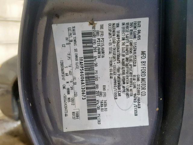 1FAFP56U06A130673 - 2006 FORD TAURUS SEL GRAY photo 10