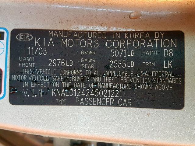 KNALD124245021221 - 2004 KIA AMANTI SILVER photo 10