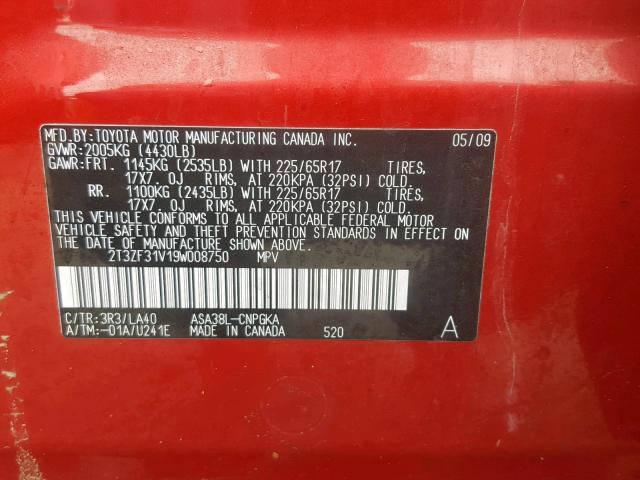 2T3ZF31V19W008750 - 2009 TOYOTA RAV4 LIMIT RED photo 10