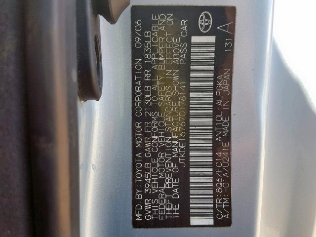 JTKDE167670178141 - 2007 TOYOTA SCION TC BLUE photo 10