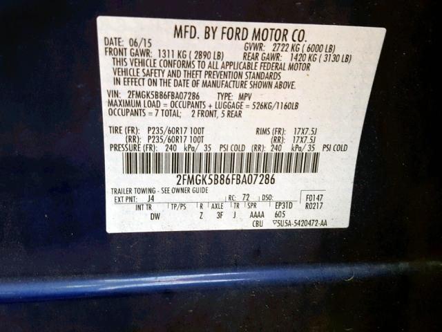 2FMGK5B86FBA07286 - 2015 FORD FLEX SE BLUE photo 10