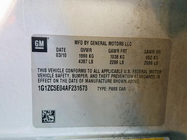 1G1ZC5E04AF231673 - 2010 CHEVROLET MALIBU 1LT 银色 照片 10