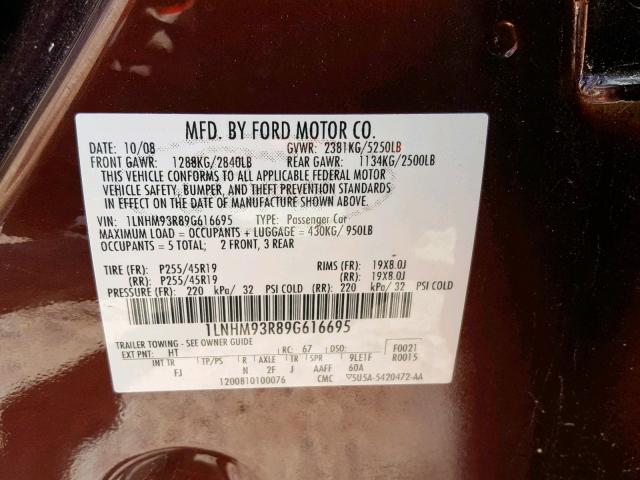 1LNHM93R89G616695 - 2009 LINCOLN MKS BURGUNDY photo 10