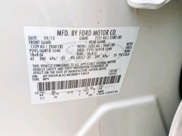 2FMDK4JC4DBB11503 - 2013 FORD EDGE SEL WHITE photo 10