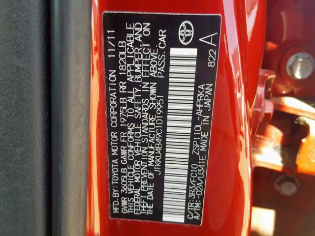 JTKKU4B49C1019951 - 2012 SCION XD RED photo 10