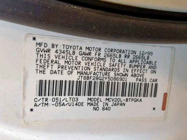 JT8BF28G2Y5086901 - 2000 LEXUS ES 300 WHITE photo 10