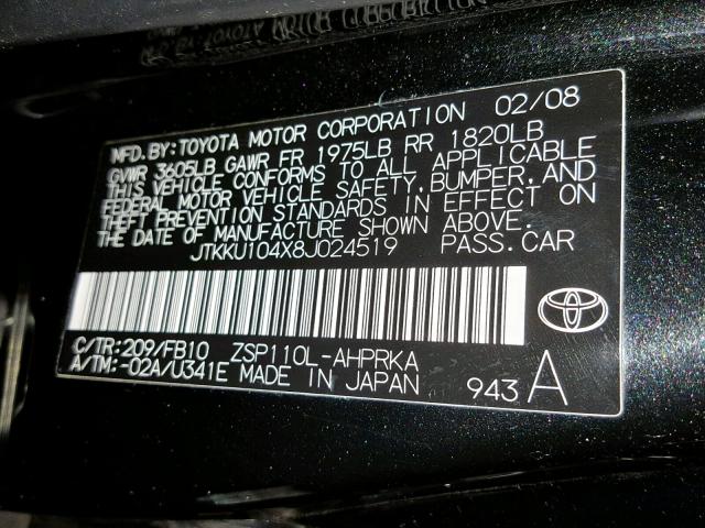 JTKKU104X8J024519 - 2008 TOYOTA SCION XD BLACK photo 10