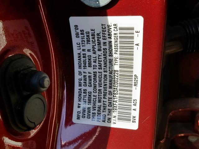 19XFA1F63AE002228 - 2010 HONDA CIVIC LX-S Կարմիր լուսանկար 10