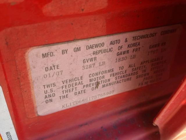 KL1TD66617B765997 - 2007 CHEVROLET AVEO BASE Қызыл фото 10