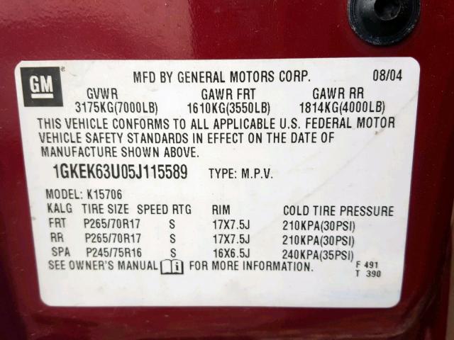 1GKEK63U05J115589 - 2005 GMC YUKON DENA MAROON photo 10