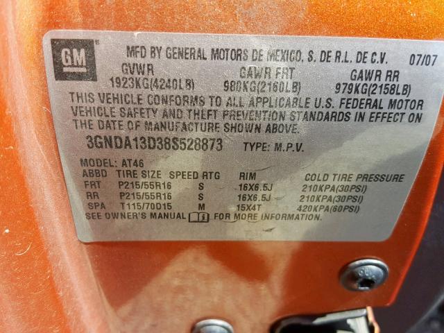 3GNDA13D38S528873 - 2008 CHEVROLET HHR LS Turuncu fotoğraf 10