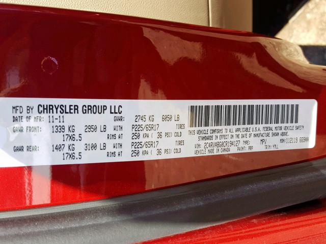 2C4RVABG0CR194127 - 2012 VOLKSWAGEN ROUTAN SE RED photo 10