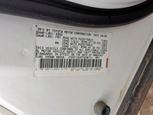 JT6HF10U9Y0096711 - 2000 LEXUS RX 300 WHITE photo 10