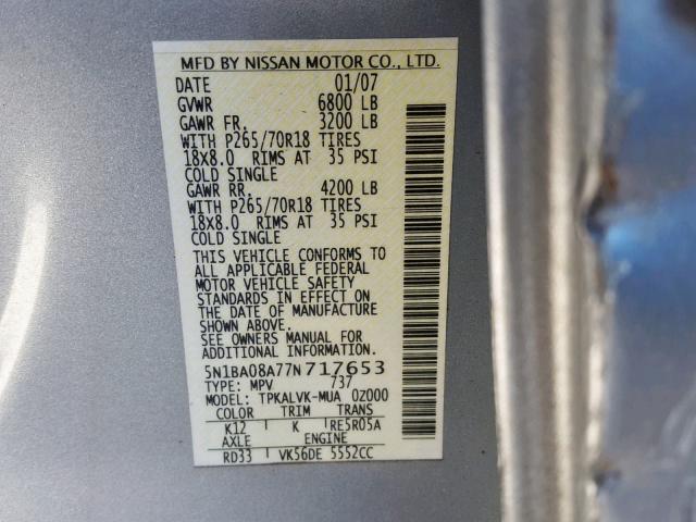 5N1BA08A77N717653 - 2007 NISSAN ARMADA SE SILVER photo 10