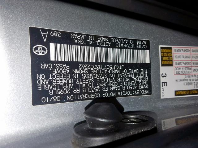 JTKJF5C71B3002262 - 2011 TOYOTA SCION TC SILVER photo 10