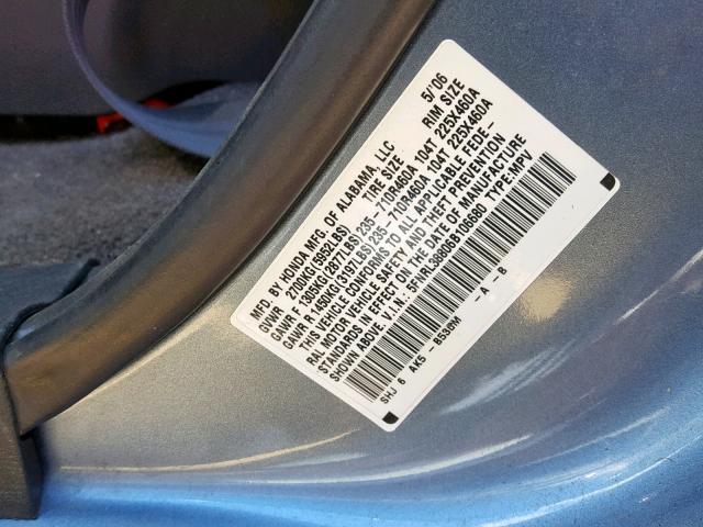 5FNRL38806B106680 - 2006 HONDA ODYSSEY TO BLUE photo 10