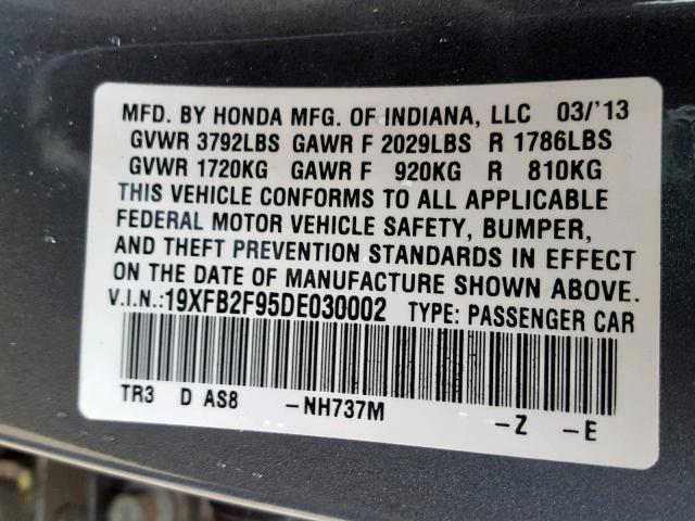 19XFB2F95DE030002 - 2013 HONDA CIVIC EXL GRAY photo 10