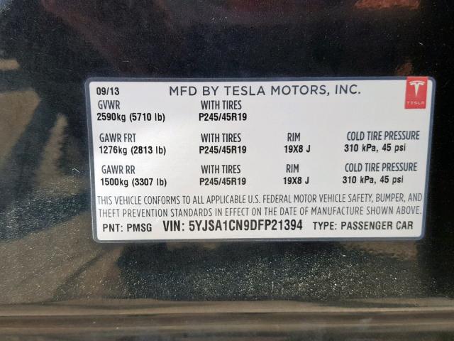 5YJSA1CN9DFP21394 - 2013 TESLA MODEL S Կանաչ լուսանկար 10