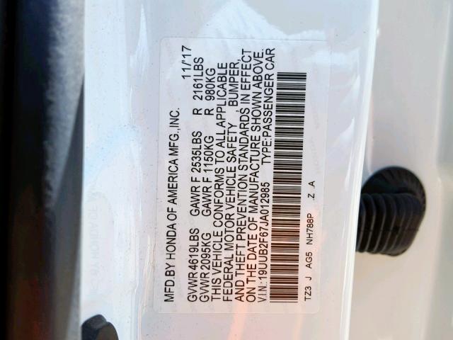 19UUB2F67JA012985 - 2018 ACURA TLX TECH+A WHITE photo 10