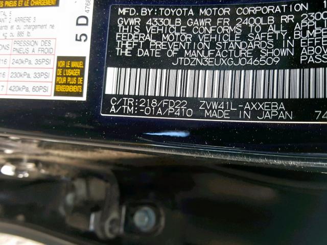 JTDZN3EUXGJ046509 - 2016 TOYOTA PRIUS V BLACK photo 10