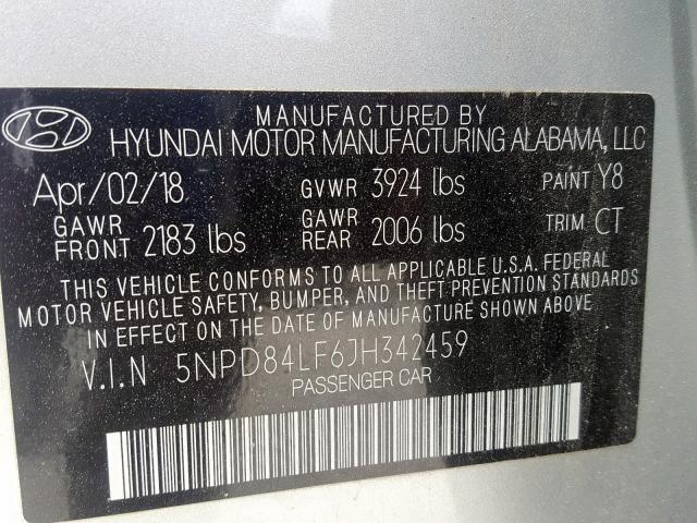 5NPD84LF6JH342459 - 2018 HYUNDAI ELANTRA SEL  photo 10