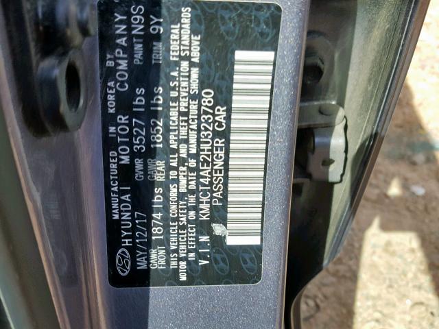 KMHCT4AE2HU323780 - 2017 HYUNDAI ACCENT SE GRAY photo 10