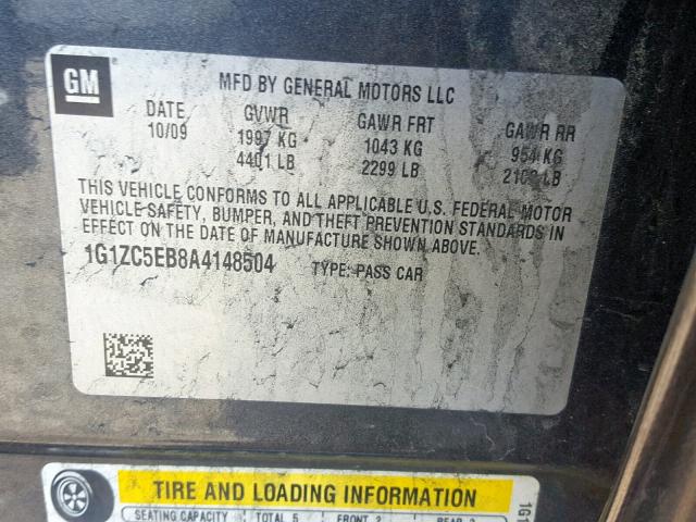 1G1ZC5EB8A4148504 - 2010 CHEVROLET MALIBU 1LT ნაცრისფერი ფოტო 10