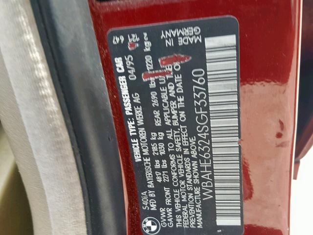 WBAHE6324SGF33760 - 1995 BMW 540 I AUTO RED photo 10