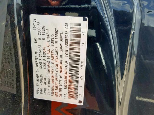 1HGCS1B80AA003736 - 2010 HONDA ACCORD EXL BLACK photo 10