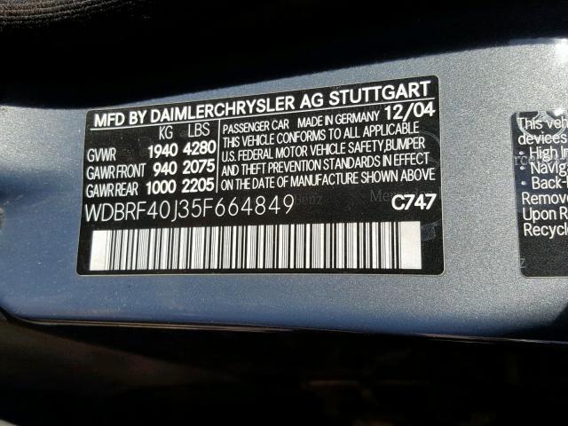 WDBRF40J35F664849 - 2005 MERCEDES-BENZ C 230K SPO BLUE photo 10