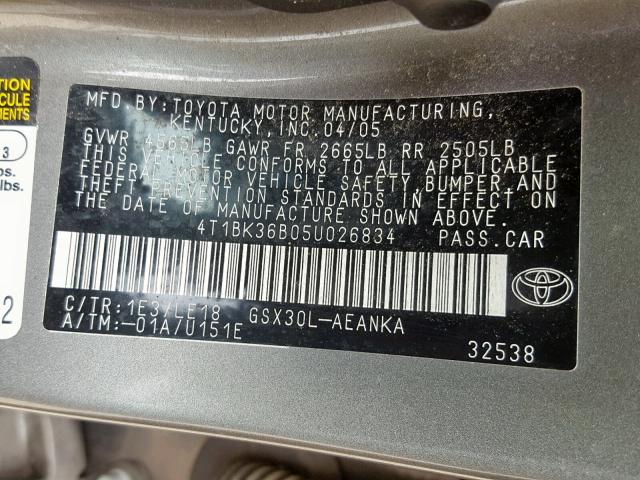 4T1BK36B05U026834 - 2005 TOYOTA AVALON XL GRAY photo 10