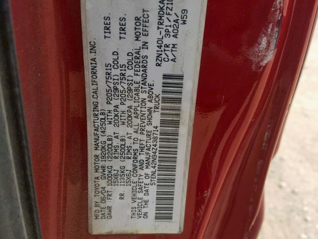 5TENL42N94Z438714 - 2004 TOYOTA TACOMA BURGUNDY photo 10