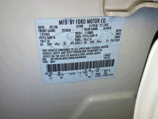 2FMDK49C58BA69949 - 2008 FORD EDGE LIMIT WHITE photo 10