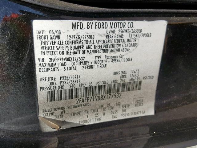 2FAFP71V08X177532 - 2008 FORD CROWN VICT BLACK photo 10