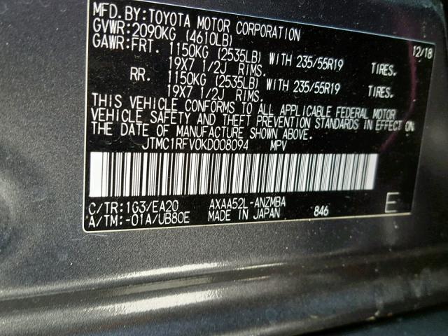 JTMC1RFV0KD008094 - 2019 TOYOTA RAV4 XLE P GRAY photo 10