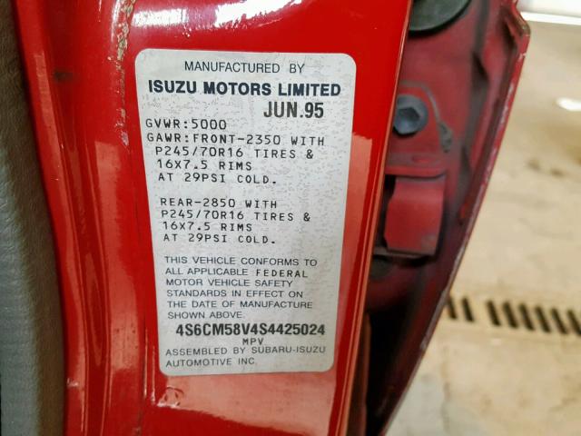 4S6CM58V4S4425024 - 1995 HONDA PASSPORT E 红色 照片 10