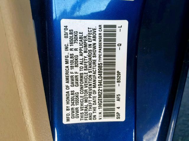 1HGEM22194L048985 - 2004 HONDA CIVIC DX V BLUE photo 10