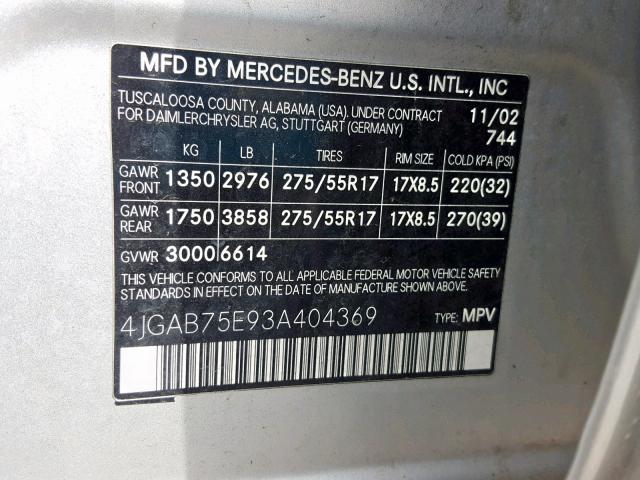 4JGAB75E93A404369 - 2003 MERCEDES-BENZ ML 500 SILVER photo 10