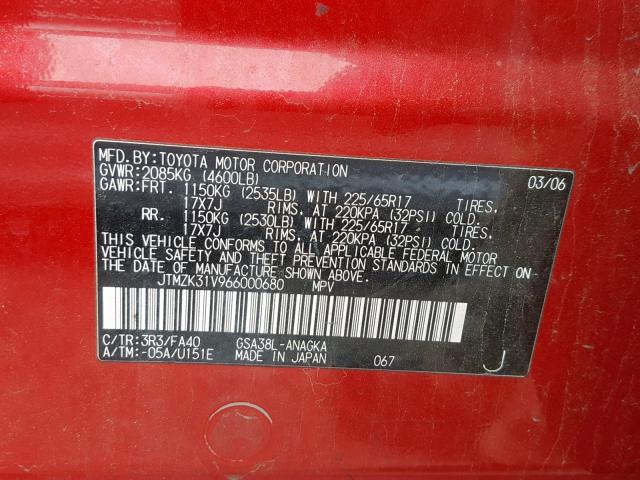 JTMZK31V966000680 - 2006 TOYOTA RAV4 LIMIT RED photo 10