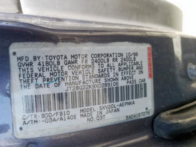 JT2BG22K9X0289106 - 1999 TOYOTA CAMRY LE  photo 10