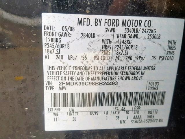 2FMDK39C98BB24493 - 2008 FORD EDGE LIMIT BLACK photo 10