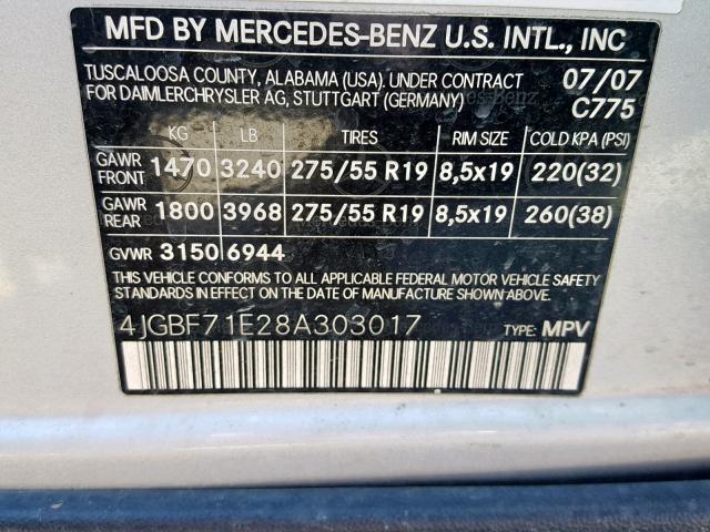 4JGBF71E28A303017 - 2008 MERCEDES-BENZ GL 450 4MA SILVER photo 10