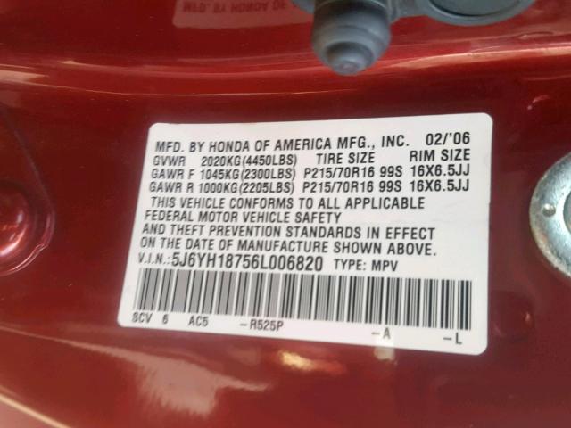 5J6YH18756L006820 - 2006 HONDA ELEMENT EX RED photo 10