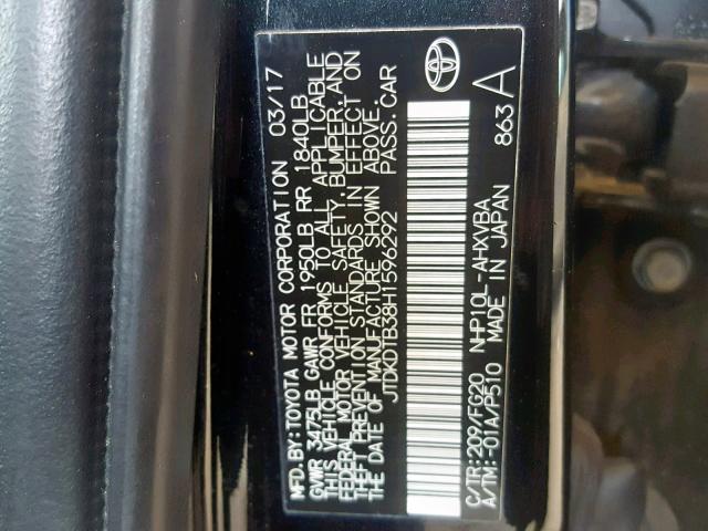 JTDKDTB38H1596292 - 2017 TOYOTA PRIUS C BLACK photo 10