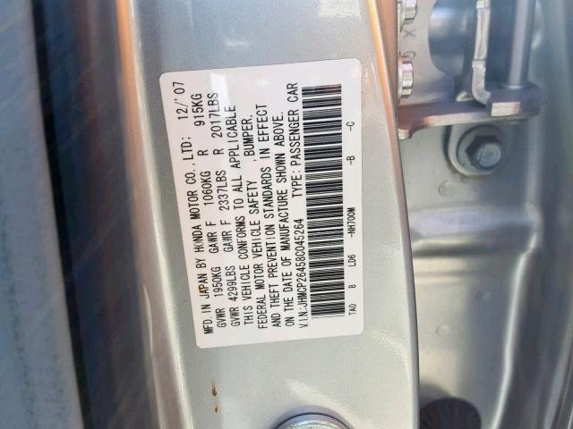 JHMCP26458C045264 - 2008 HONDA ACCORD LXP SILVER photo 10