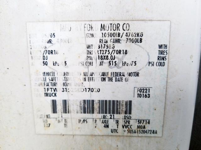 1FTWF31525ED17020 - 2005 FORD F350 SRW SUPER DUTY  photo 10